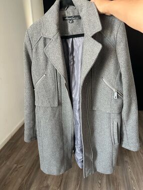 Kenneth Cole Gray Wool-Blend Trench Coat with Zip Pockets
